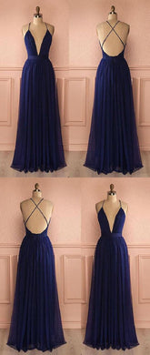 Navy Blue Flowy Tulle Long Plunge V neck Prom Dress Senior Graduation Formal Wear,GDC1171-Dolly Gown